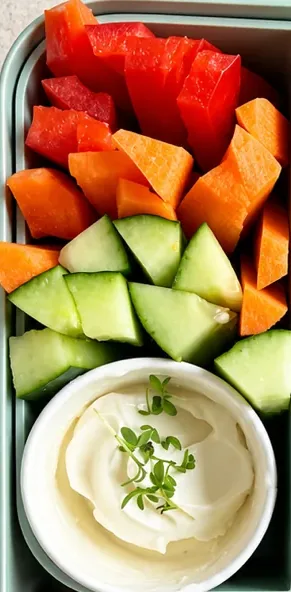 Paprika-, Karotten- und Gurkensticks mit Frischkäse-Dip